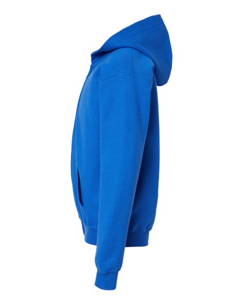 Gildan 18600B Heavy Blend youth full-zip hoodie in Royal, side view showing the hood, sleeve and ribbed cuff.