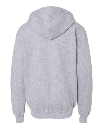 Gildan 18600B Heavy Blend youth full-zip hoodie in Sport Grey, back view showing the hood, long sleeves and ribbed hem.