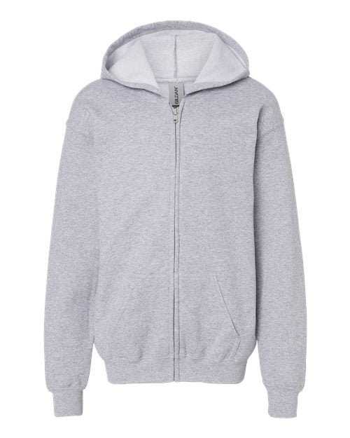 Gildan 18600B Heavy Blend youth full-zip hoodie in Sport Grey, front view showing the zipper, hood and pouch pockets.