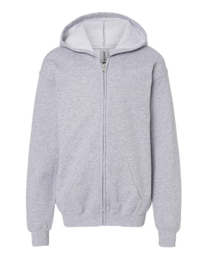Gildan 18600B Heavy Blend youth full-zip hoodie in Sport Grey, front view showing the zipper, hood and pouch pockets.