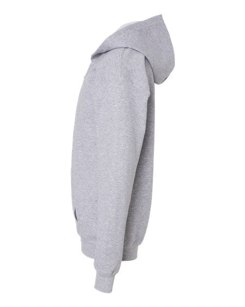 Gildan 18600B Heavy Blend youth full-zip hoodie in Sport Grey, side view showing the hood, sleeve and ribbed cuff.