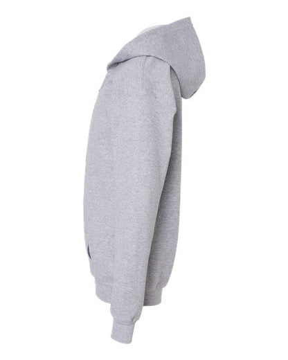Gildan 18600B Heavy Blend youth full-zip hoodie in Sport Grey, side view showing the hood, sleeve and ribbed cuff.