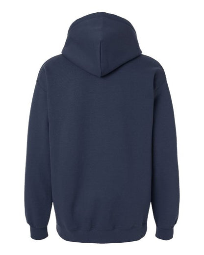 Gildan 19500 Maxweight Blend pullover hoodie in Blue Dusk, back view showing the hood, long sleeves and ribbed hem.