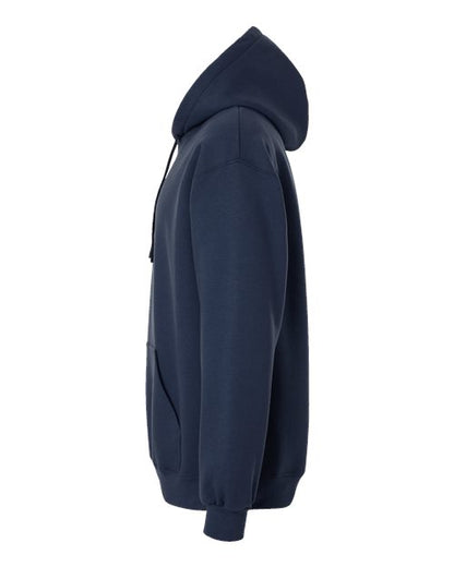 Gildan 19500 Maxweight Blend pullover hoodie in Blue Dusk, side view showing the hood, sleeve and ribbed cuff.