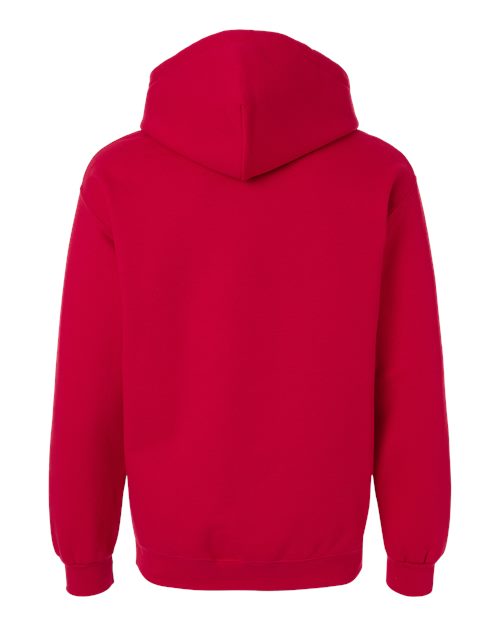 Gildan 19500 Maxweight Blend pullover hoodie in Cherry Red, back view showing the hood, long sleeves and ribbed hem.