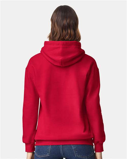 Model wearing a Gildan 19500 Maxweight Blend pullover hoodie in Cherry Red, back view.