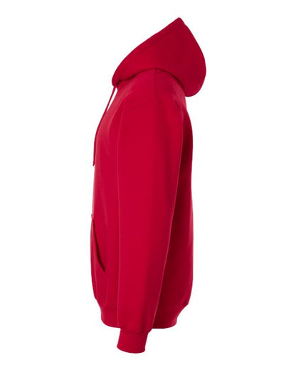 Gildan 19500 Maxweight Blend pullover hoodie in Cherry Red, side view showing the hood, sleeve and ribbed cuff.