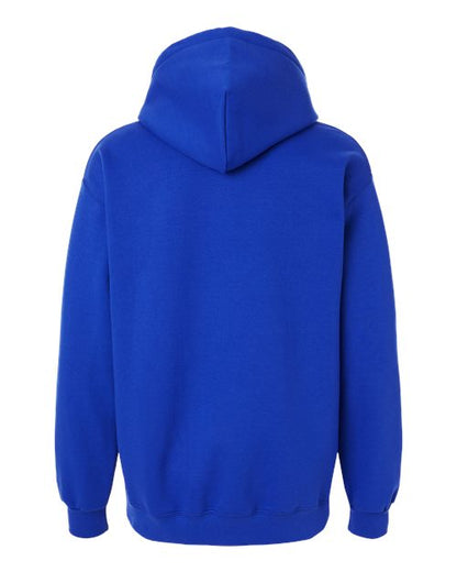 Gildan 19500 Maxweight Blend pullover hoodie in Deep Royal, back view showing the hood, long sleeves and ribbed hem.