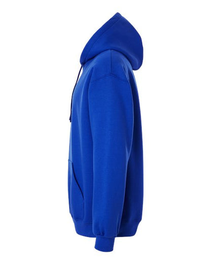 Gildan 19500 Maxweight Blend pullover hoodie in Deep Royal, side view showing the hood, sleeve and ribbed cuff.
