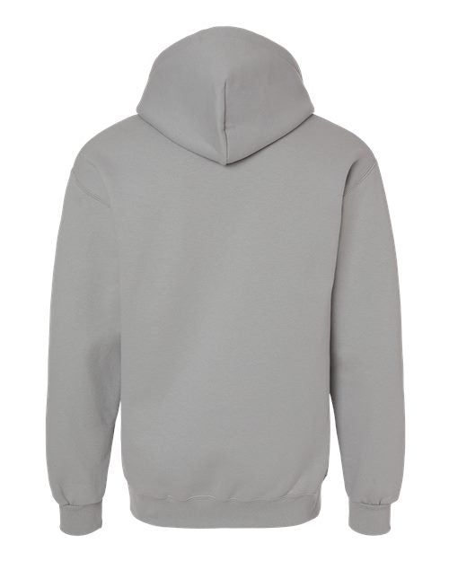Gildan 19500 Maxweight Blend pullover hoodie in Gravel, back view showing the hood, long sleeves and ribbed hem.
