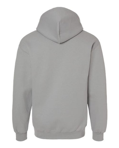 Gildan 19500 Maxweight Blend pullover hoodie in Gravel, back view showing the hood, long sleeves and ribbed hem.