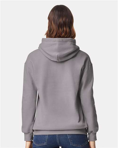 Model wearing a Gildan 19500 Maxweight Blend pullover hoodie in Gravel, back view.