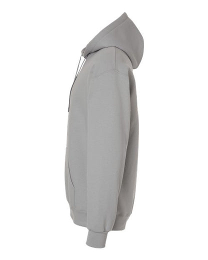 Gildan 19500 Maxweight Blend pullover hoodie in Gravel, side view showing the hood, sleeve and ribbed cuff.