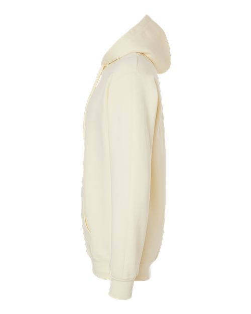 Gildan 19500 Maxweight Blend pullover hoodie in Off White, side view showing the hood, sleeve and ribbed cuff.