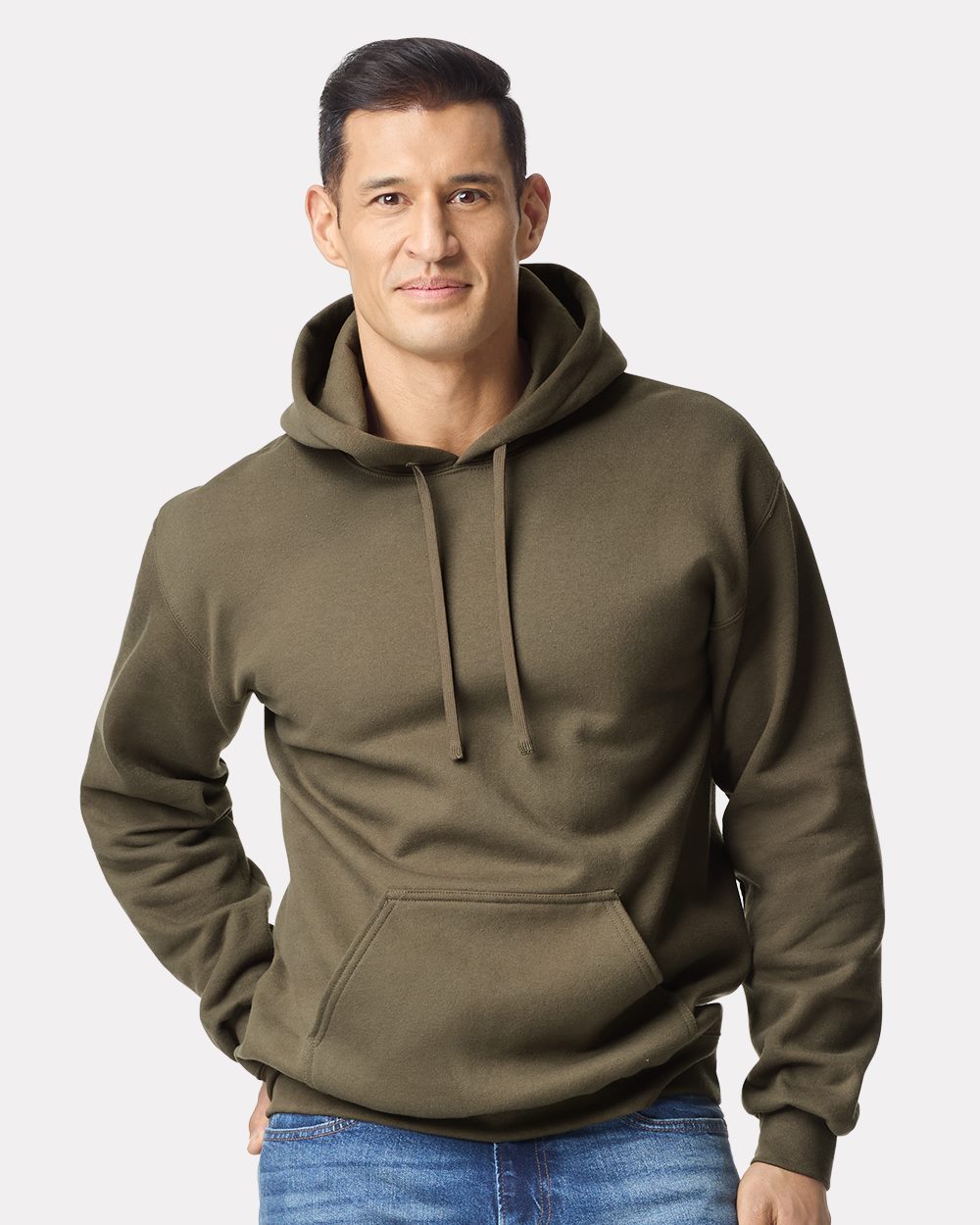 Model wearing a Gildan 19500 Maxweight Blend pullover hoodie in Olive Green, front lifestyle view.