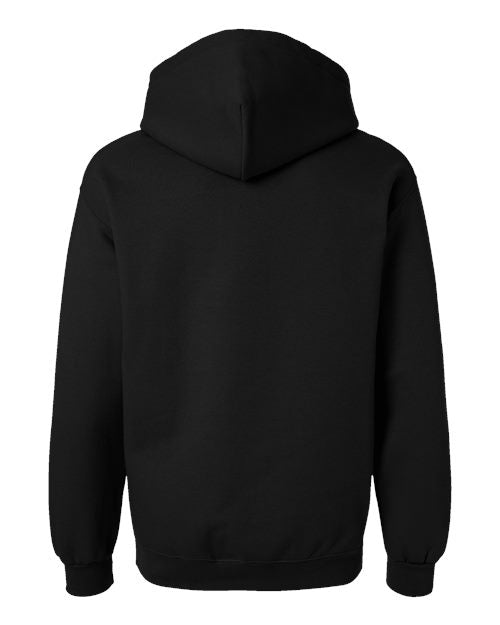 Gildan 19500 Maxweight Blend pullover hoodie in Pitch Black, back view showing the hood, long sleeves and ribbed hem.