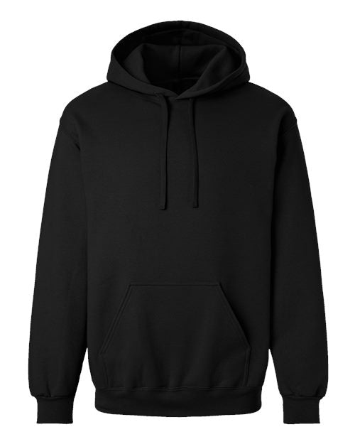 Gildan 19500 Maxweight Blend pullover hoodie in Pitch Black, front view showing the hood and front pocket.