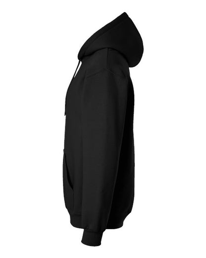 Gildan 19500 Maxweight Blend pullover hoodie in Pitch Black, side view showing the hood, sleeve and ribbed cuff.