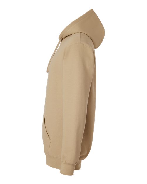 Gildan 19500 Maxweight Blend pullover hoodie in Tan, side view showing the hood, sleeve and ribbed cuff.