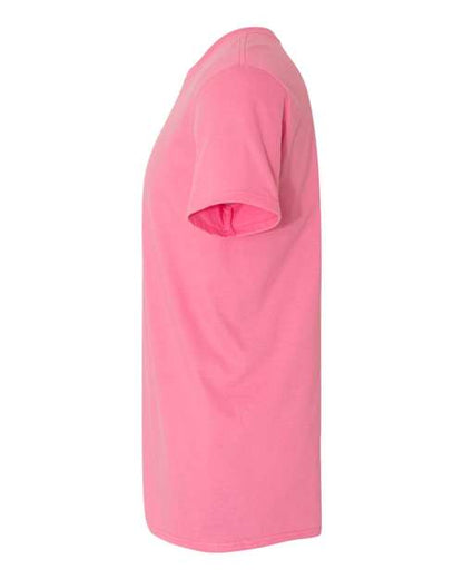 Gildan 64000 Softstyle T-shirt in Azalea, side view showing the short sleeve and hem.