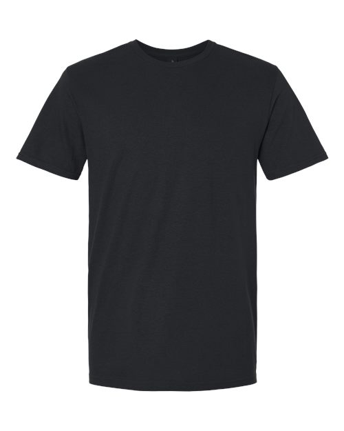 Gildan 64000 Softstyle T-shirt in Black, front view showing the crew neckline and short sleeves.