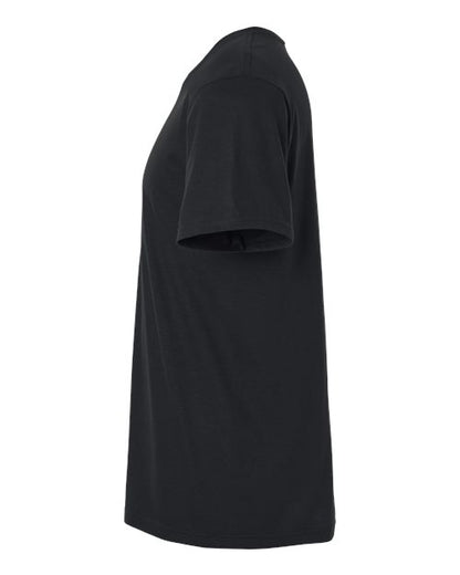 Gildan 64000 Softstyle T-shirt in Black, side view showing the short sleeve and hem.