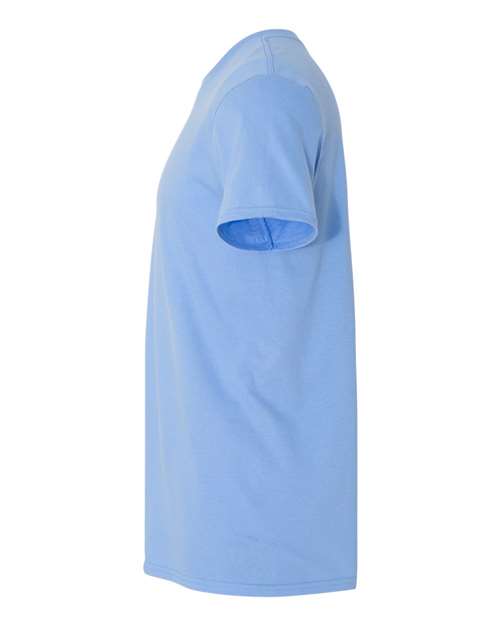 Gildan 64000 Softstyle T-shirt in Carolina Blue, side view showing the short sleeve and hem.