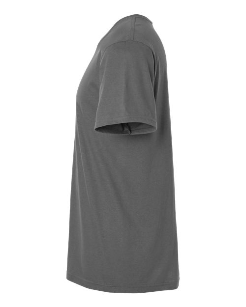 Gildan 64000 Softstyle T-shirt in Charcoal, side view showing the short sleeve and hem.