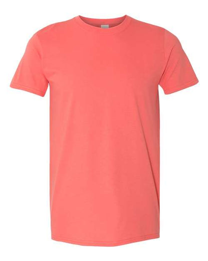 Gildan 64000 Softstyle T-shirt in Coral Silk, front view showing the crew neckline and short sleeves.