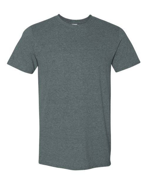 Gildan 64000 Softstyle T-shirt in Dark Heather, front view showing the crew neckline and short sleeves.