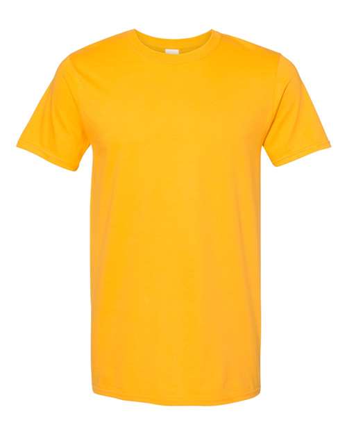 Gildan 64000 Softstyle T-shirt in Gold, front view showing the crew neckline and short sleeves.