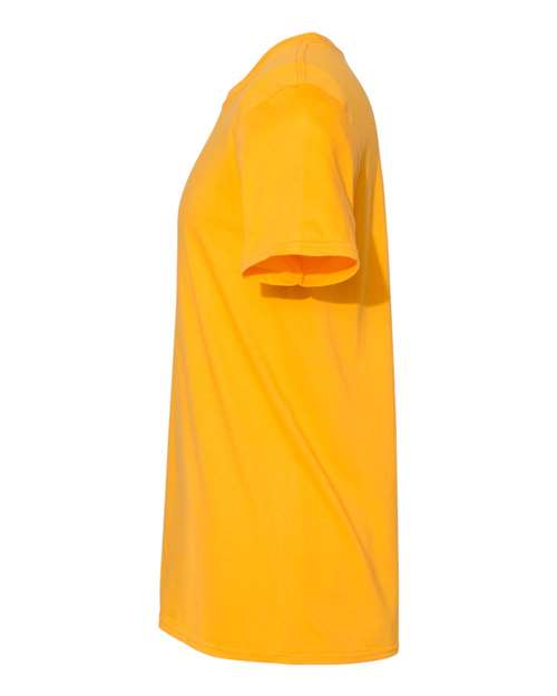 Gildan 64000 Softstyle T-shirt in Gold, side view showing the short sleeve and hem.