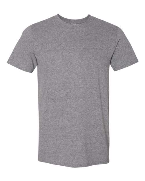 Gildan 64000 Softstyle T-shirt in Graphite Heather, front view showing the crew neckline and short sleeves.