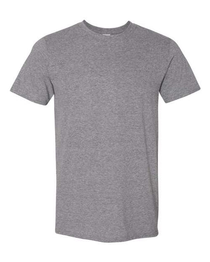 Gildan 64000 Softstyle T-shirt in Graphite Heather, front view showing the crew neckline and short sleeves.