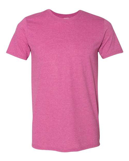 Gildan 64000 Softstyle T-shirt in Heather Berry, front view showing the crew neckline and short sleeves.
