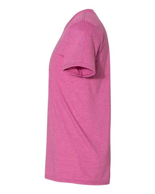 Gildan 64000 Softstyle T-shirt in Heather Berry, side view showing the short sleeve and hem.