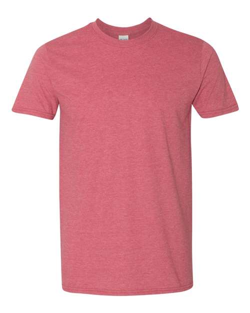 Gildan 64000 Softstyle T-shirt in Heather Cardinal Red, front view showing the crew neckline and short sleeves.