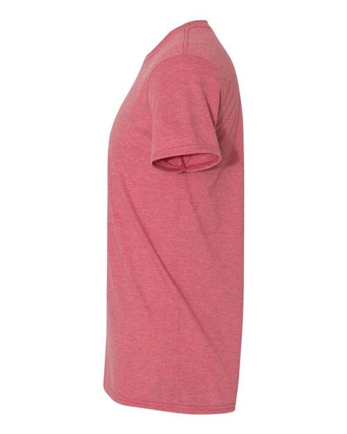 Gildan 64000 Softstyle T-shirt in Heather Cardinal Red, side view showing the short sleeve and hem.