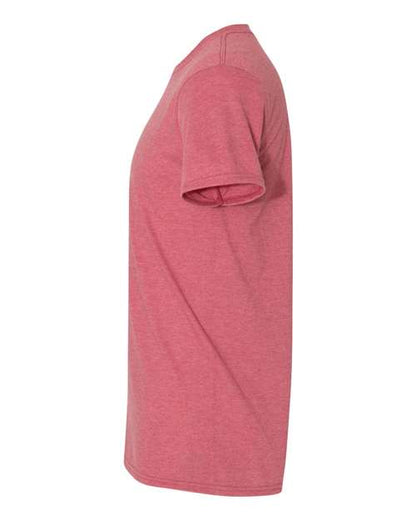 Gildan 64000 Softstyle T-shirt in Heather Cardinal Red, side view showing the short sleeve and hem.