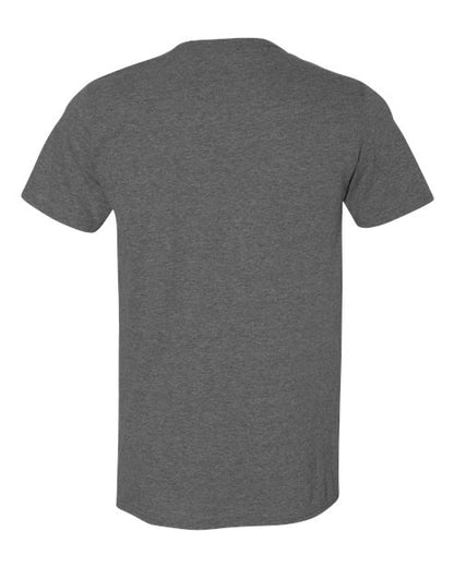 Gildan 64000 Softstyle T-shirt in Heather Dark Grey, back view showing the neckline and short sleeves.