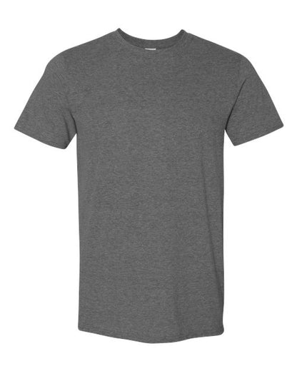 Gildan 64000 Softstyle T-shirt in Heather Dark Grey, front view showing the crew neckline and short sleeves.