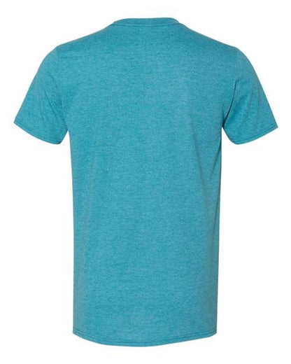 Gildan 64000 Softstyle T-shirt in Heather Galapagos Blue, back view showing the neckline and short sleeves.