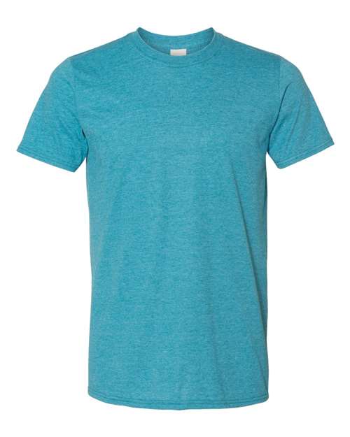 Gildan 64000 Softstyle T-shirt in Heather Galapagos Blue, front view showing the crew neckline and short sleeves.