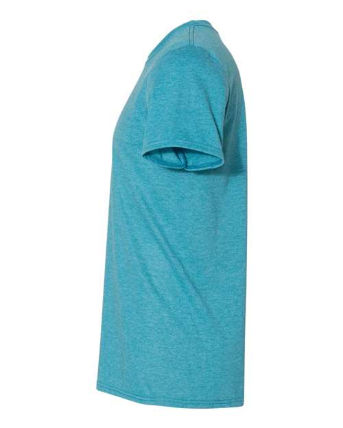 Gildan 64000 Softstyle T-shirt in Heather Galapagos Blue, side view showing the short sleeve and hem.
