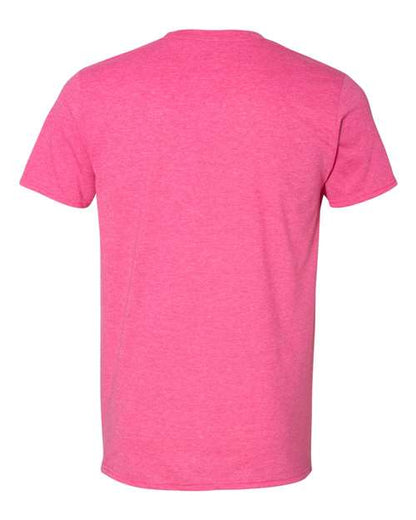 Gildan 64000 Softstyle T-shirt in Heather Heliconia, back view showing the neckline and short sleeves.
