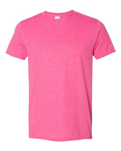 Gildan 64000 Softstyle T-shirt in Heather Heliconia, front view showing the crew neckline and short sleeves.