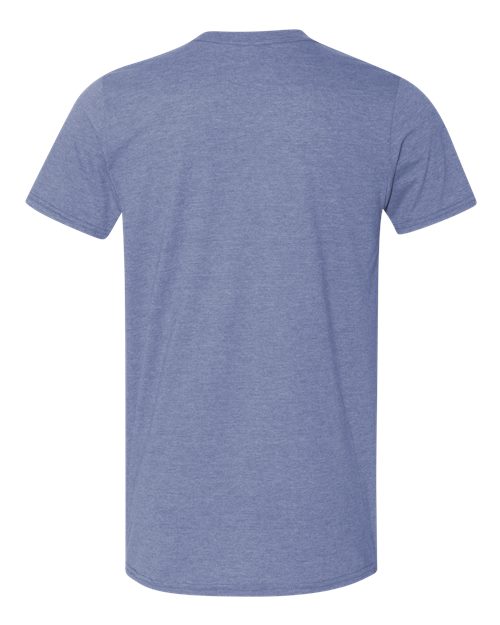 Gildan 64000 Softstyle T-shirt in Heather Indigo, back view showing the neckline and short sleeves.