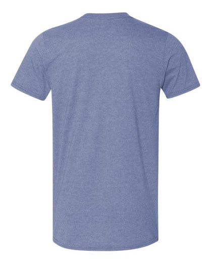 Gildan 64000 Softstyle T-shirt in Heather Indigo, back view showing the neckline and short sleeves.