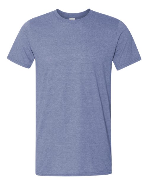 Gildan 64000 Softstyle T-shirt in Heather Indigo, front view showing the crew neckline and short sleeves.