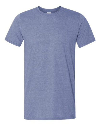 Gildan 64000 Softstyle T-shirt in Heather Indigo, front view showing the crew neckline and short sleeves.